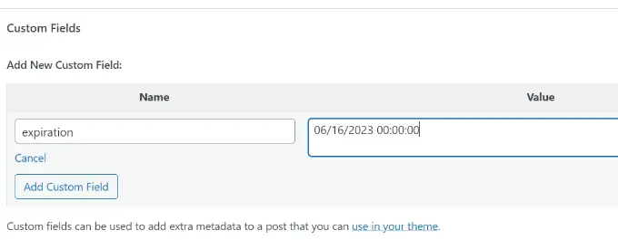 Adding an expiration date using custom field