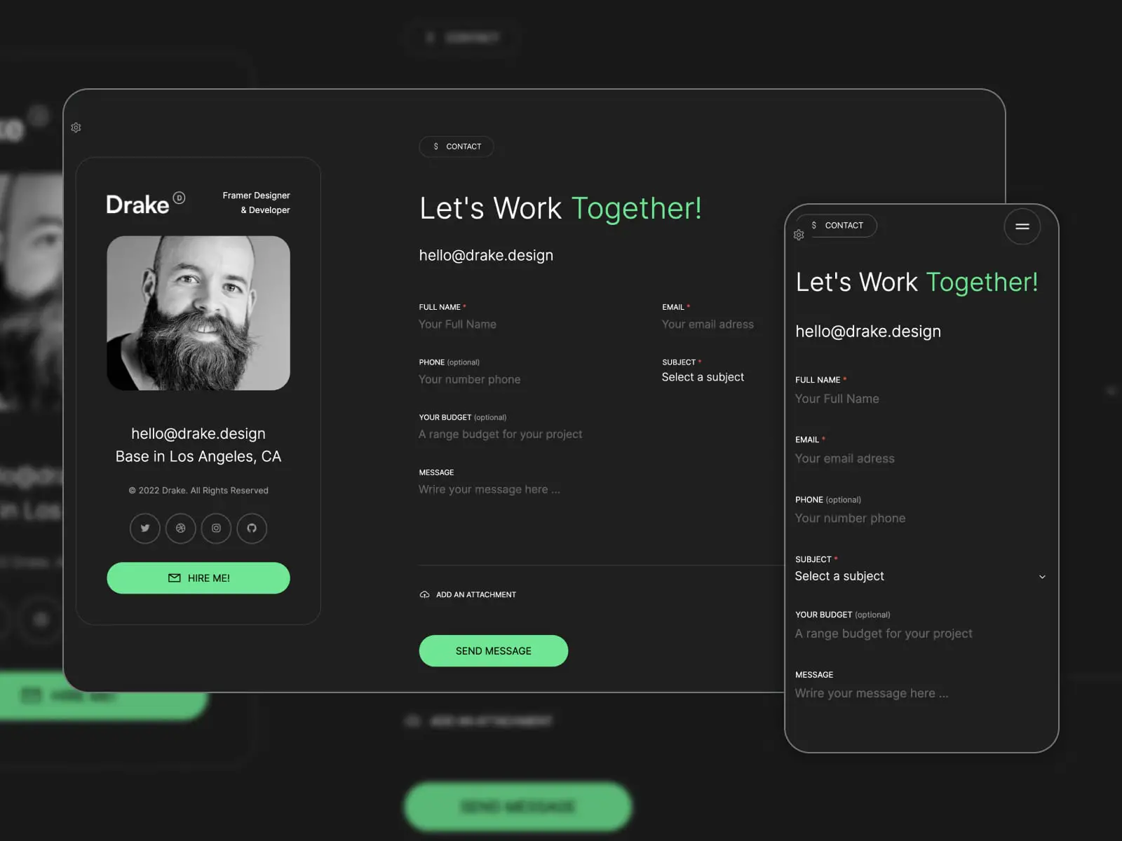 Colaj al paginii personale de contact HTML Drake în modul întunecat cu butoane verzi.