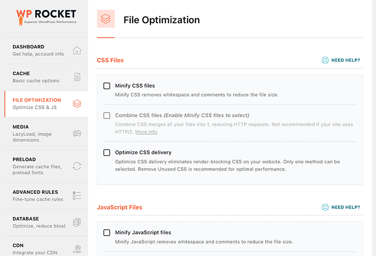 علامة التبويب WP Rocket File Optimization