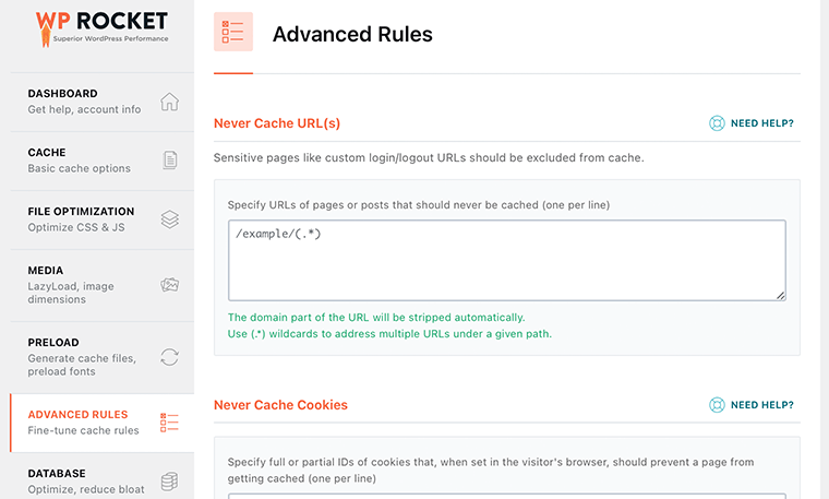 Вкладка расширенных правил WP Rocket