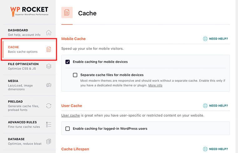 Configurazione della cache dei razzi WP