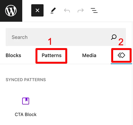 WordPress コンテンツエディターには、ブロックパターンを挿入するためのタブがあります。