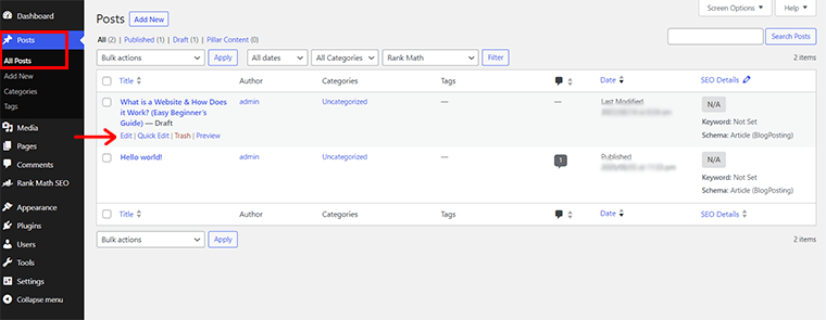 Gehen Sie zu „Alle Beiträge“ und klicken Sie auf die Option „Bearbeiten“.
