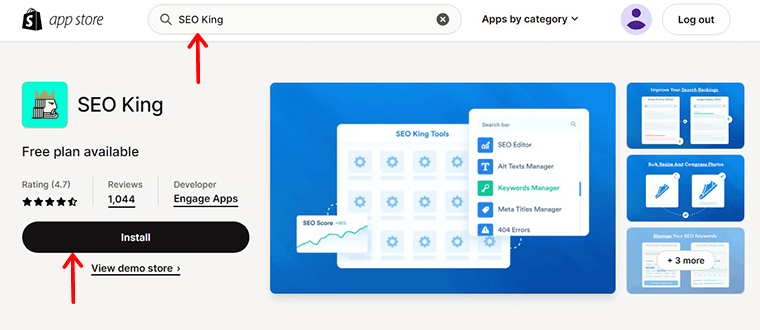 Suchen Sie nach SEO King und klicken Sie auf „Installieren“.