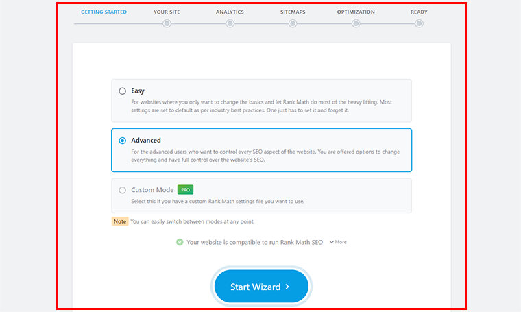 Einblick in den Rank Math Setup Wizard