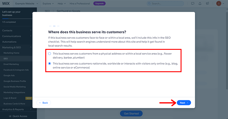 Especifique su operación comercial y haga clic en Siguiente