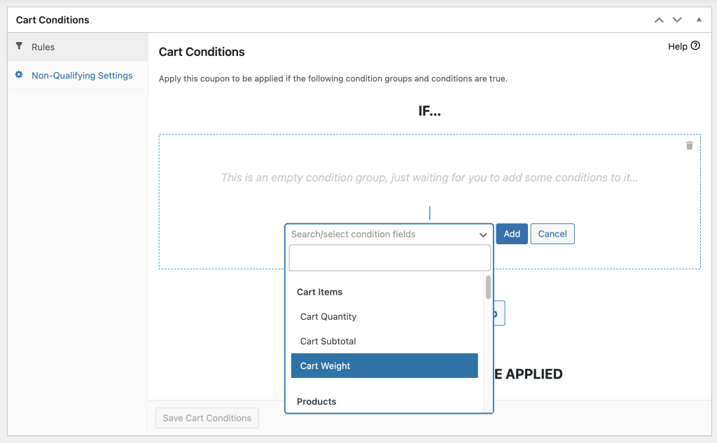 Selecting "Cart Weight" cart condition