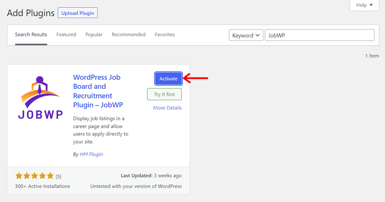 Aktivieren Sie das kostenlose JobWP-Plugin