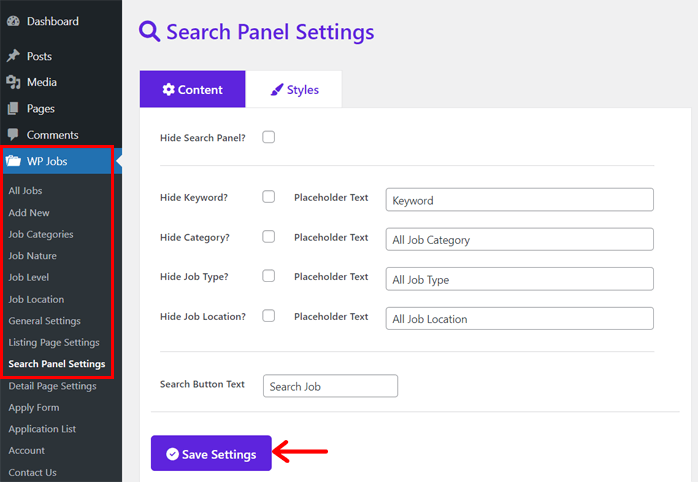 Configurações do painel de pesquisa de empregos