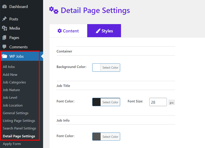 Configurações da página de detalhes para estilo