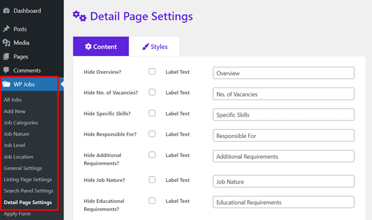 Configurações da página de detalhes