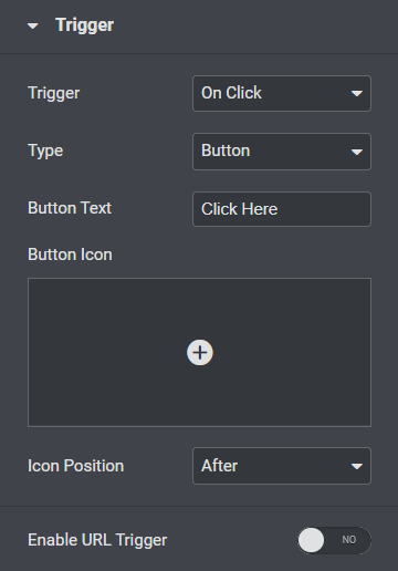 Abschnitt „Trigger“ auf der Registerkarte „Inhalt“ des Popup-Box-Widgets