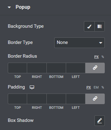 Popup-Bereich auf der Registerkarte „Stil“ des Popup-Box-Widgets zum Hinzufügen modaler Popups mit Elementor