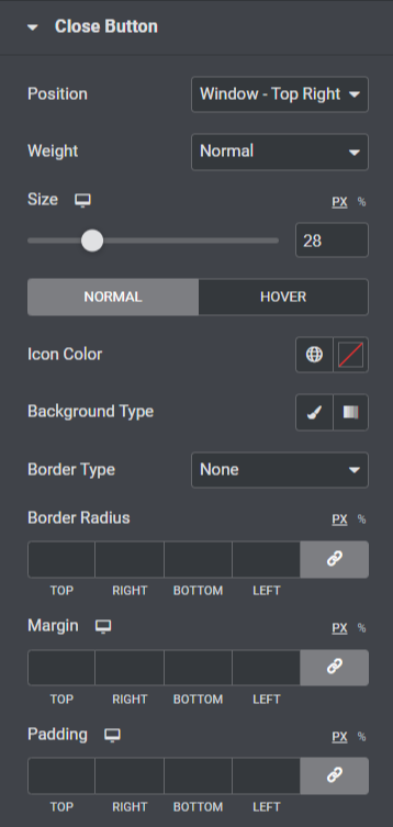 Elementor를 사용하여 모달 팝업을 추가하기 위한 팝업 상자 위젯의 스타일 탭에 있는 닫기 버튼 섹션