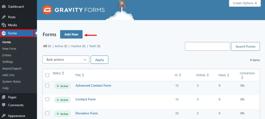 Gravity Forms ダッシュボードに新しいフォームを追加する