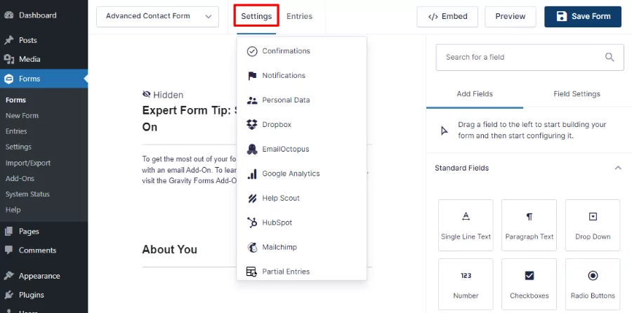 configurações de formas de gravidade