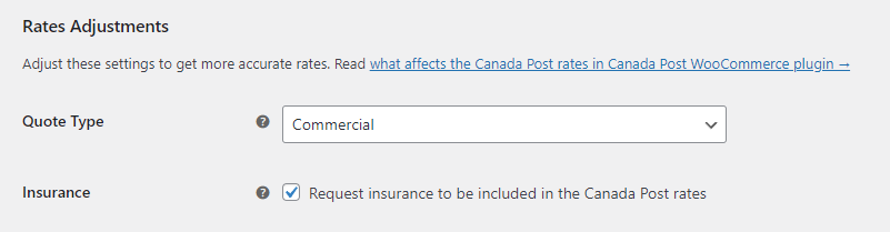 Metodo di spedizione Canada Post: impostazioni aggiuntive