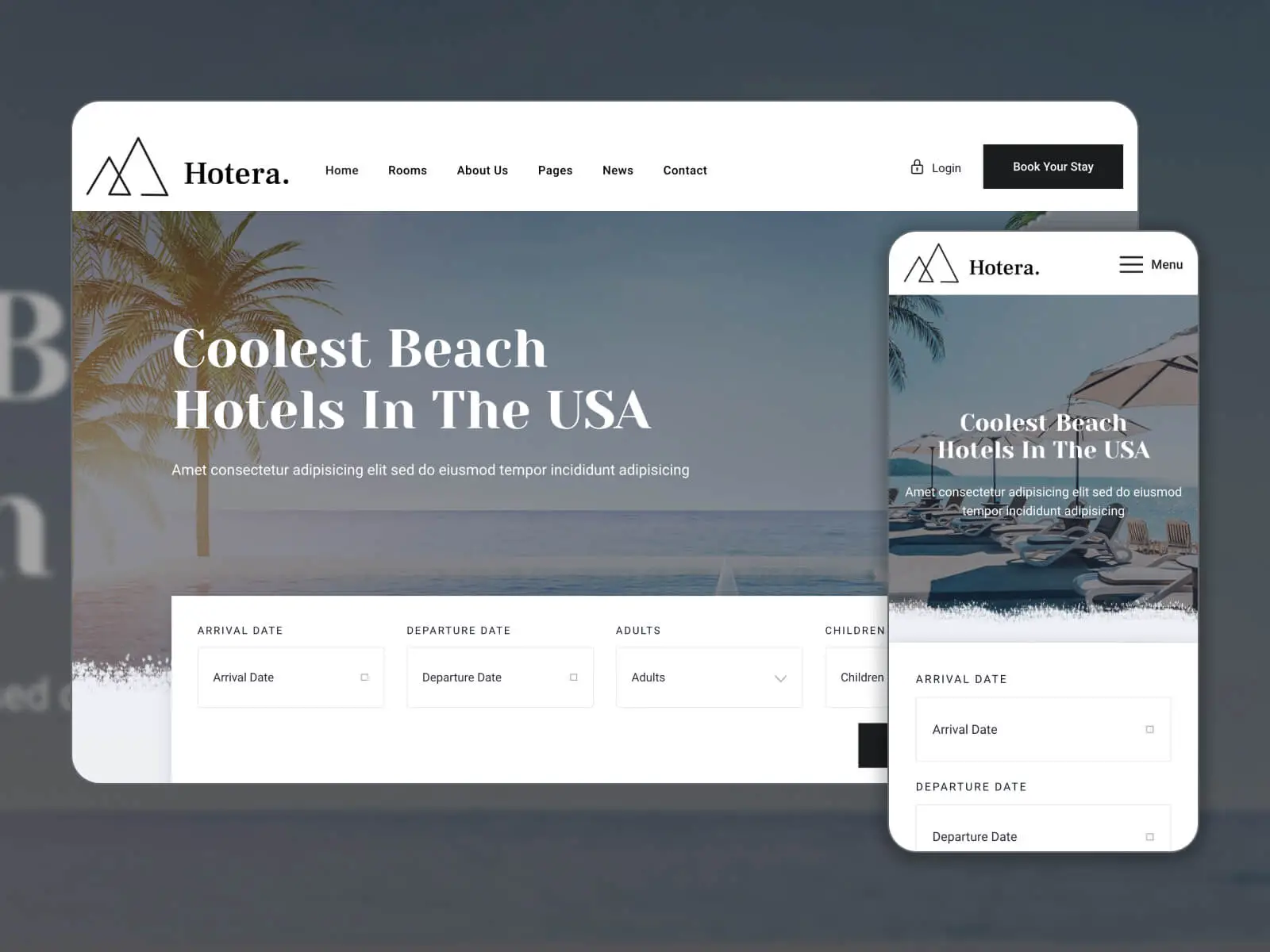 Illustrazione di Hotera: tema WP per la prenotazione di hotel con layout personalizzabile per flessibilità nella gamma di colori bianco, dimgray, darkslategray e grigio