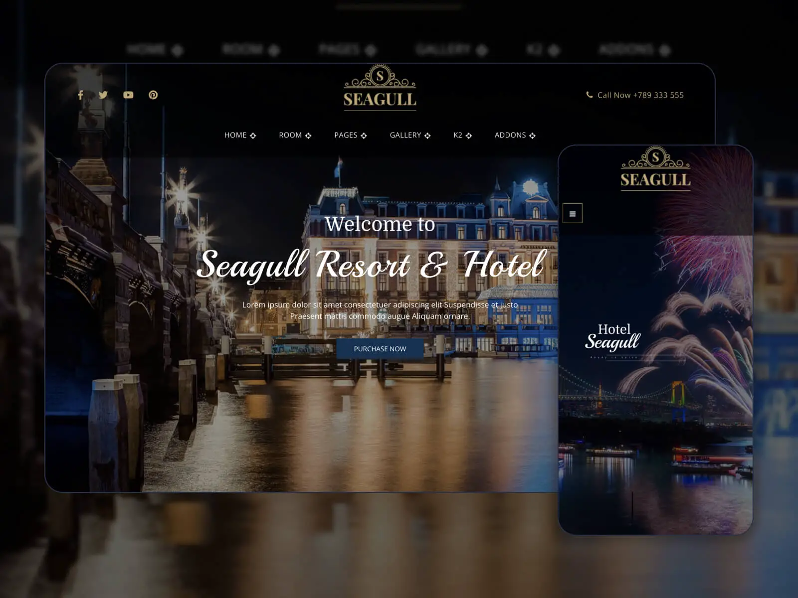 Captura de tela do Seagull - melhor modelo de site de reserva de hotel com design responsivo para WordPress em tons de cinza escuro, cinza escuro, linho e preto