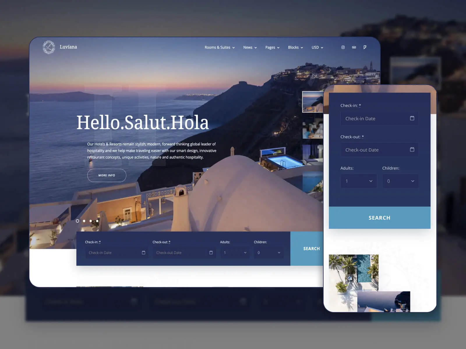 Foto di Luviana: il miglior modello di sito web per prenotazione di hotel user-friendly per WordPress nei toni whitesmoke, nero, grigio, dimgray e darkslategray