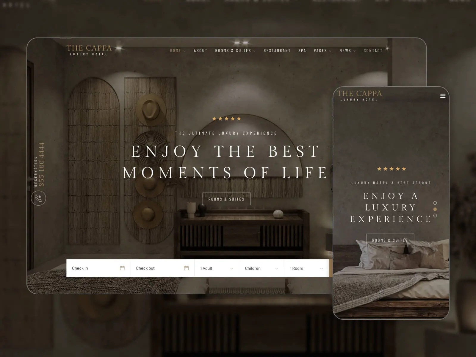 Schnappschuss von THE CAPPA – funktionsreiches WordPress-Theme für Hotelbuchungsunternehmen in den Farbpaletten Dimgray, Snow, Darkslategray und Schwarz