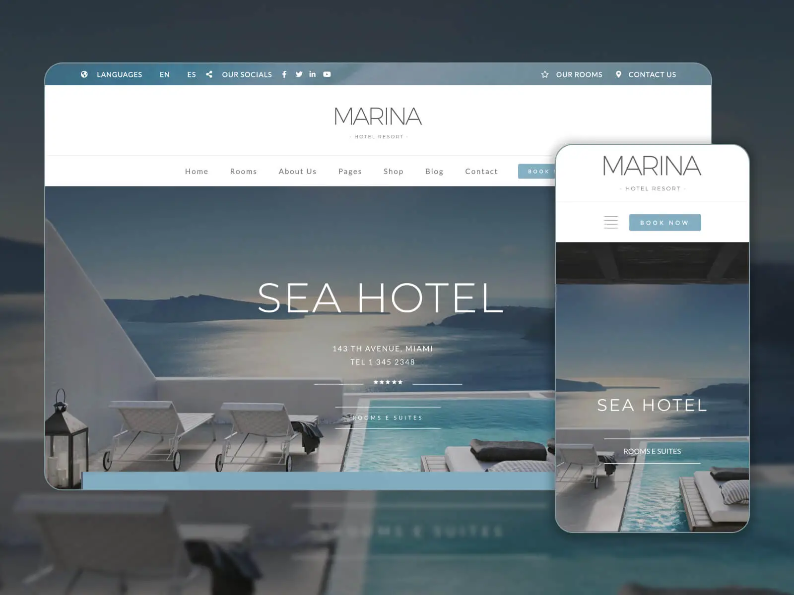 Screenshot di Marina: modello WordPress reattivo per la prenotazione e la prenotazione di hotel con matrice di colori bianco, grigio scuro, dimgray e scuro slategray