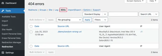 404 Logs in Redirection plugin