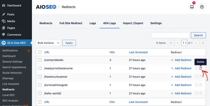 Delete 404 error log entry from AIOSEO