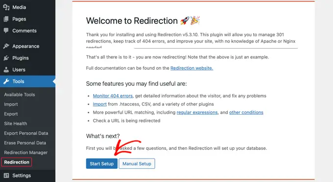 Start setup of Redirection plugin