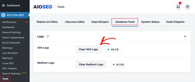 Clear 404 logs from database tools