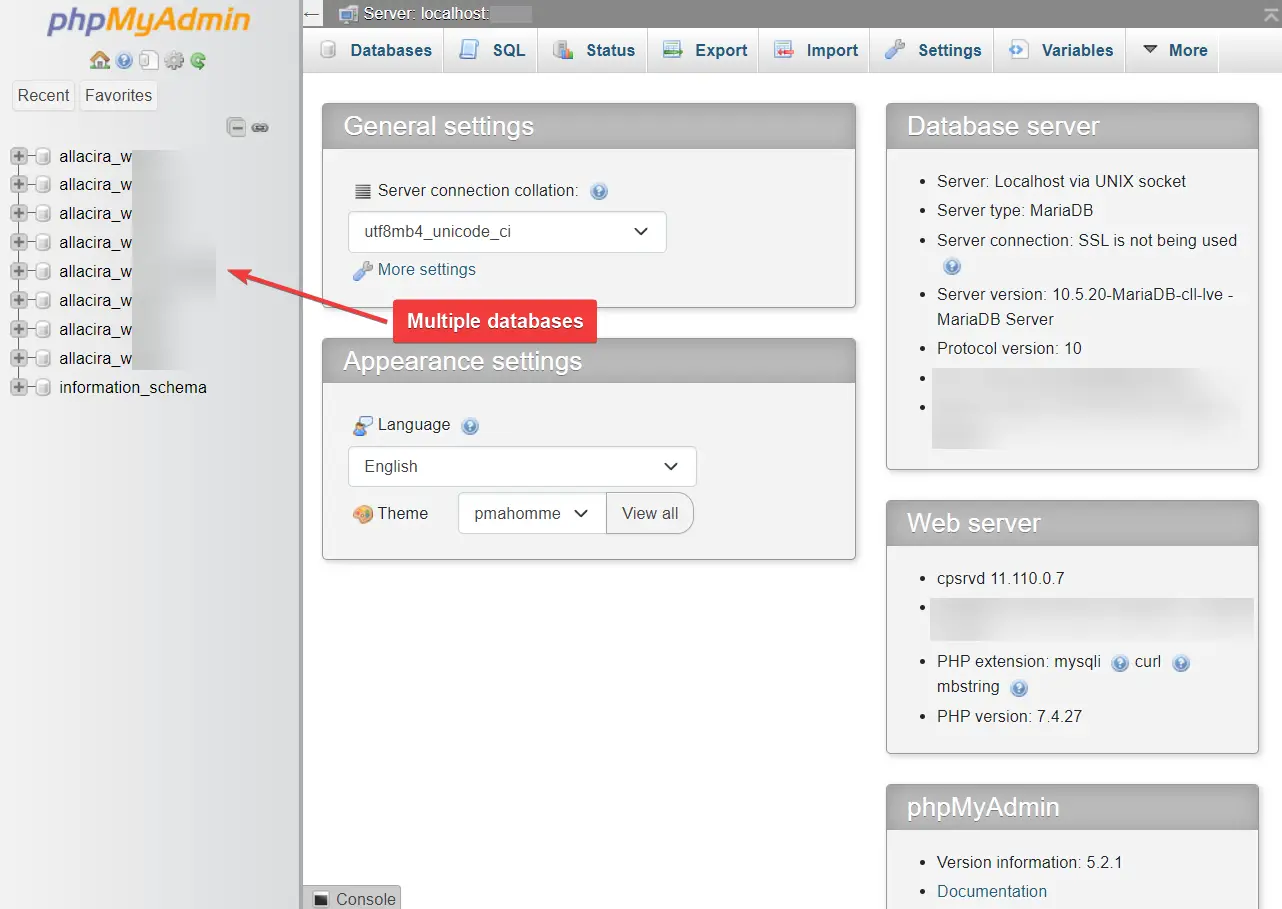 หลายฐานข้อมูลใน phpMyAdmin