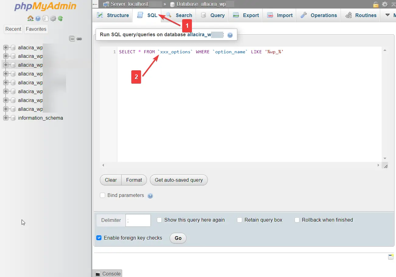 Esecuzione di una query SQL in phpMyAdmin per modificare il prefisso del database WordPress.