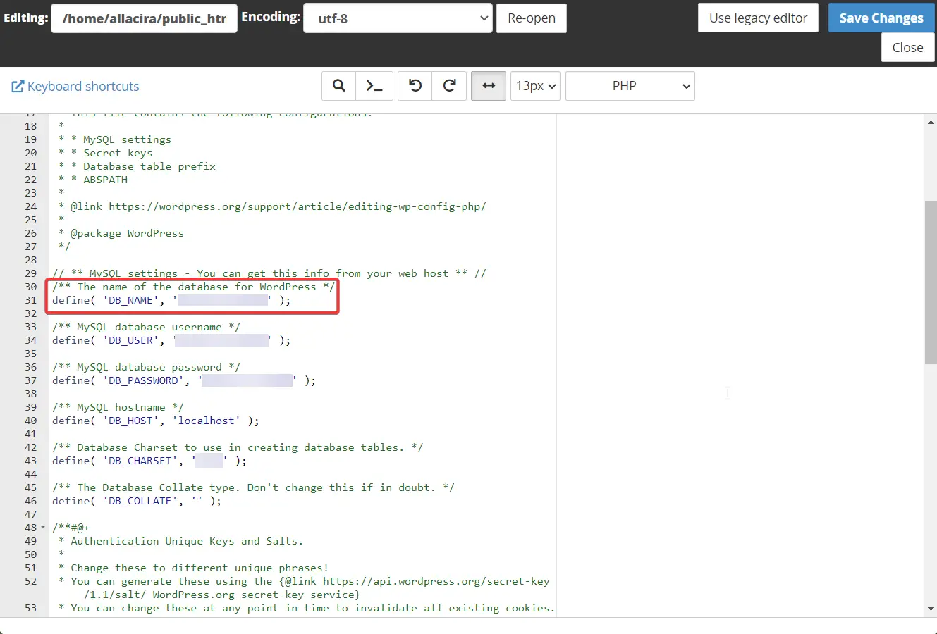 Mengubah awalan database di wpconfig.