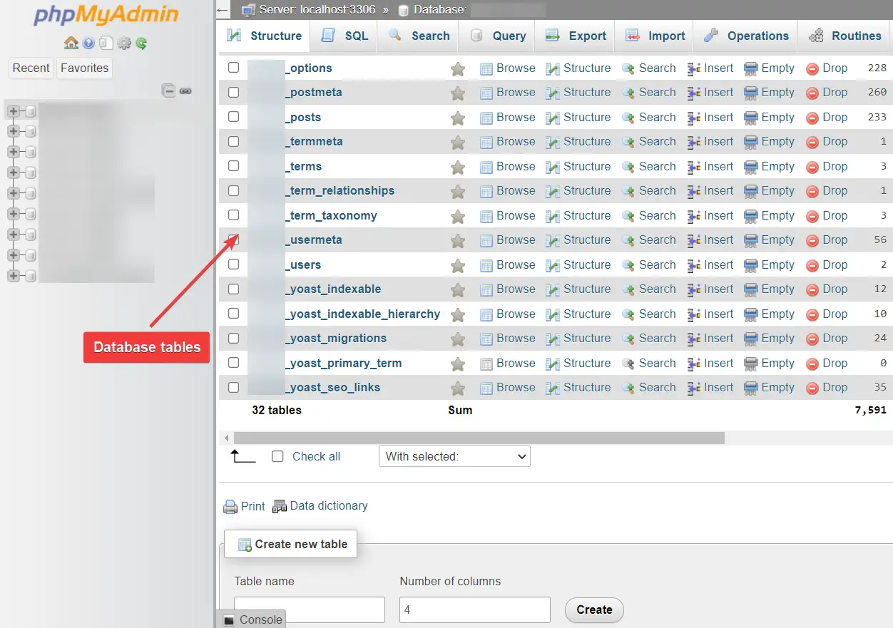 phpMyAdmin の WordPress データベース。