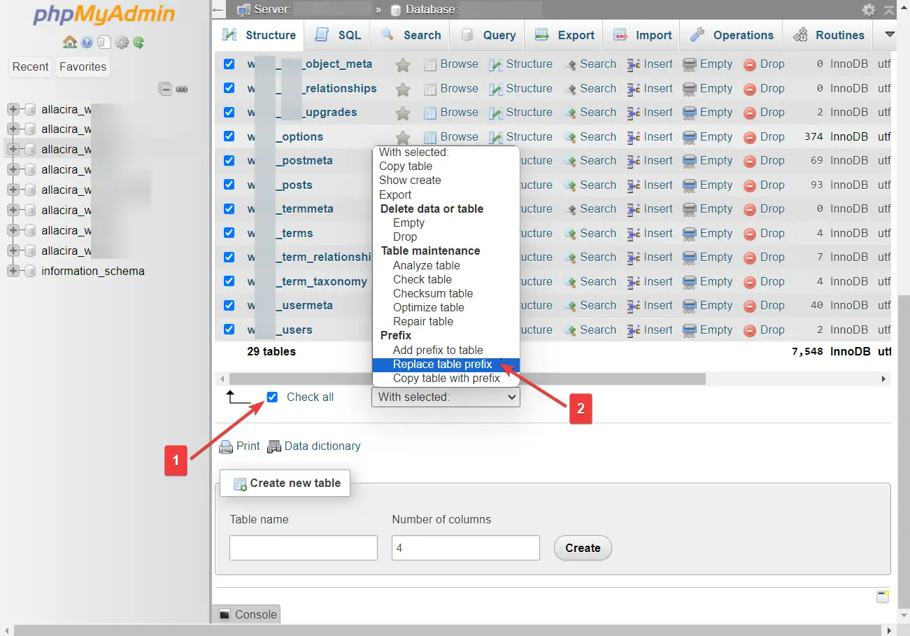 Reemplace la tabla de la base de datos en phpMyAdmin para ayudar a cambiar el prefijo de la base de datos de WordPress.