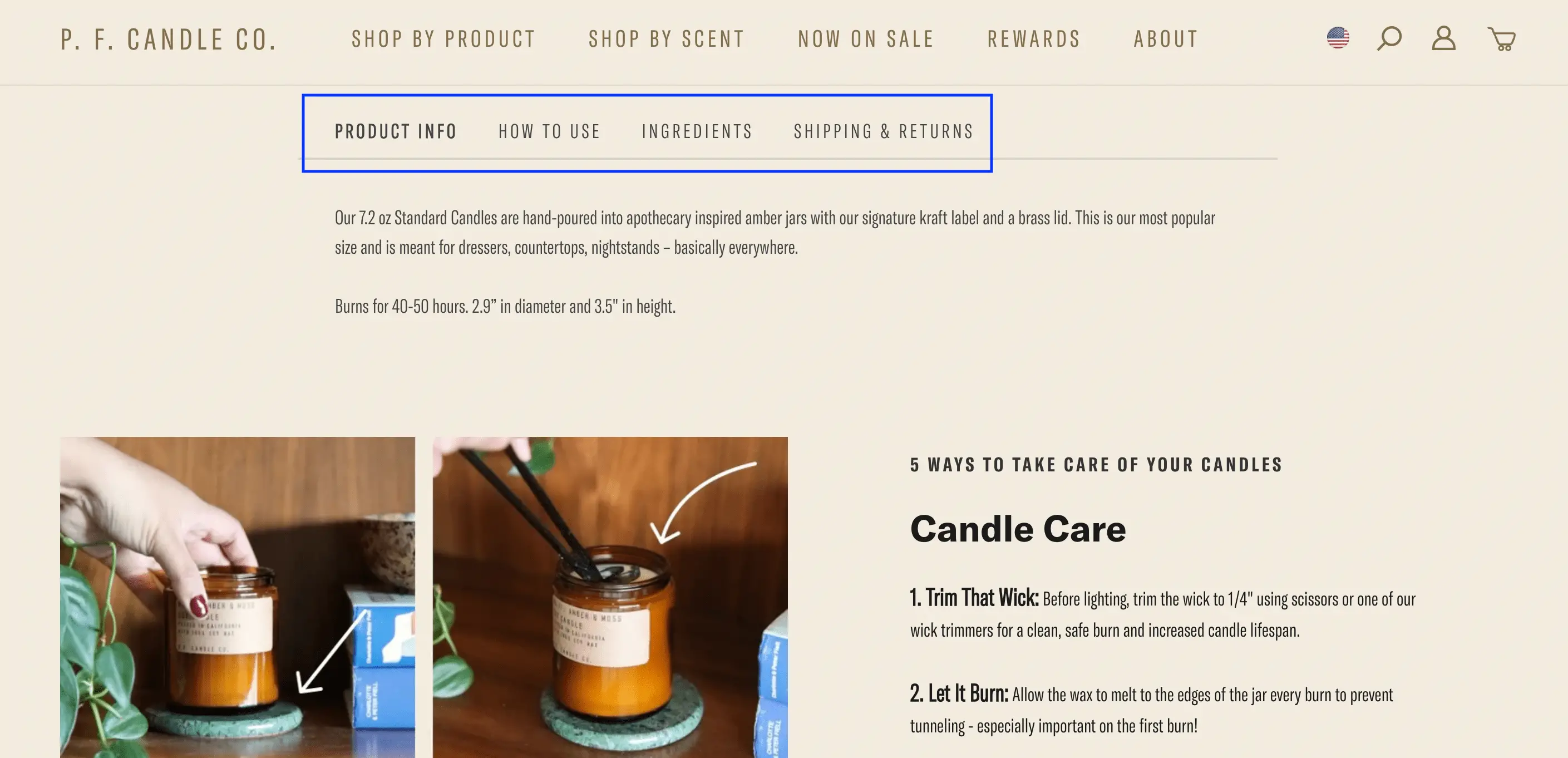 Un esempio della struttura di un modello di descrizione del prodotto sul P.F. Sito web della Candle Co.