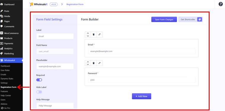 Función de creación de formularios personalizados de WholesaleX