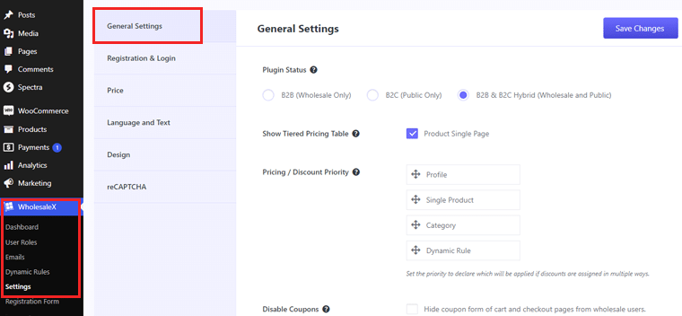 Vaya a la configuración y configuración general de WholesaleX