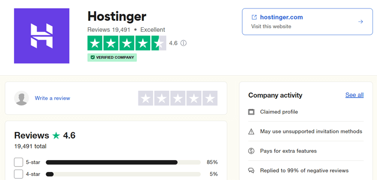 Рейтинг Trustpilot Hostinger