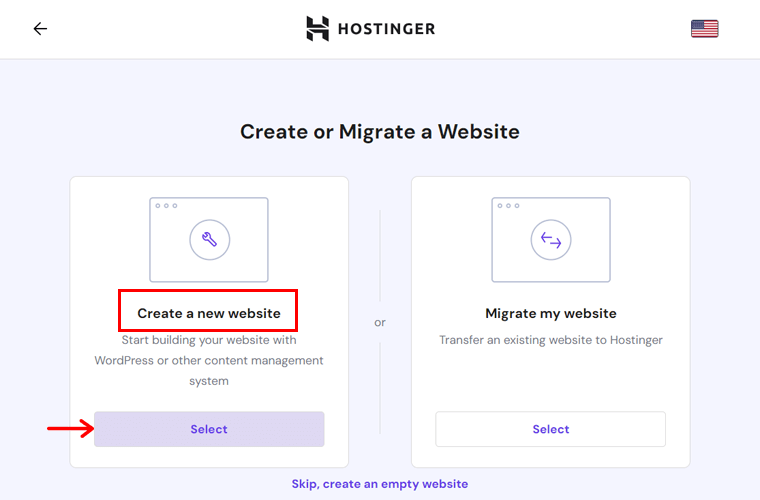 「Web サイトの作成」オプションを選択します