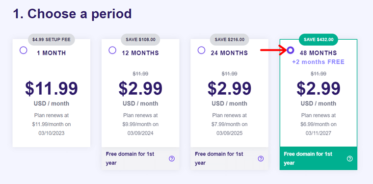 Wählen Sie einen Zeitraum, um Hostinger zu kaufen