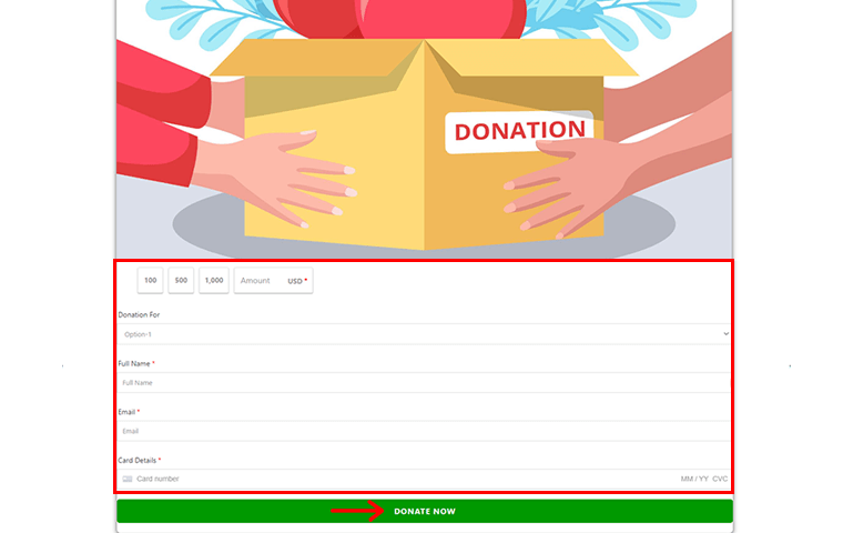 Complete el formulario de donación y haga clic en Donar ahora - Acepte donaciones en el sitio de WordPress