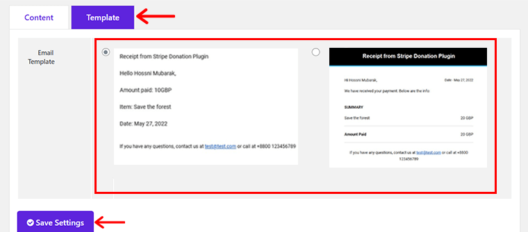 Configure la pestaña Plantilla y haga clic en Guardar configuración