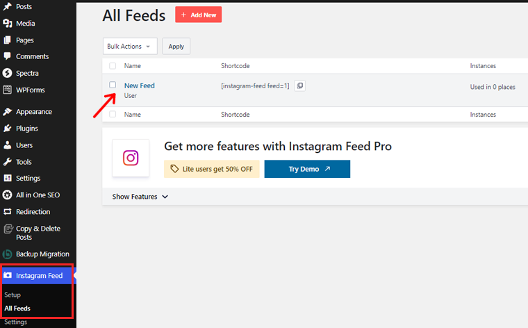 Vaya al feed de Instagram y haga clic en Nuevo feed