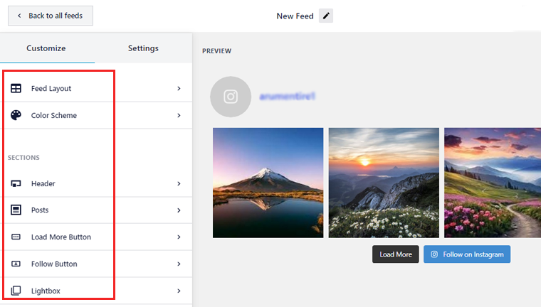 Option zur Anpassung des Instagram-Feeds