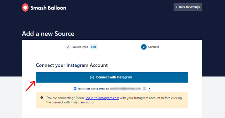 Cliquez sur l'option Se connecter avec Instagram