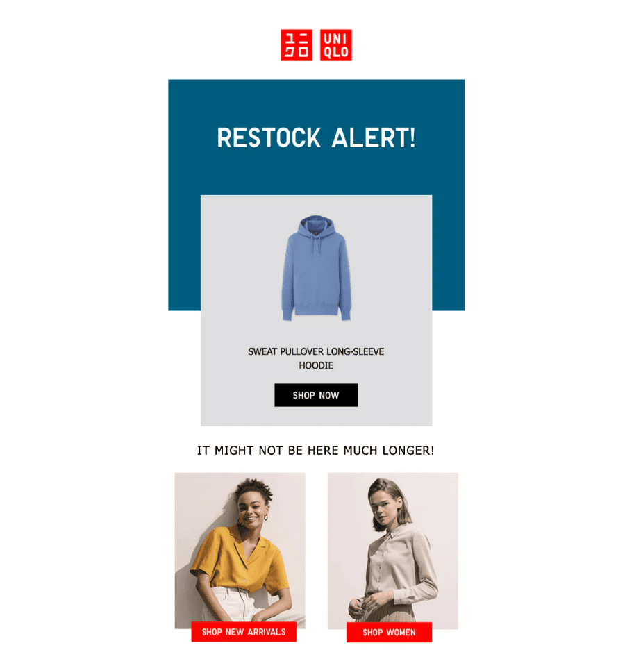 Uniqlo - exemple d'e-mail de retour en stock