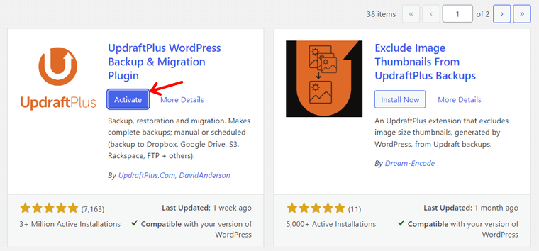 UpdraftPlus を有効にする