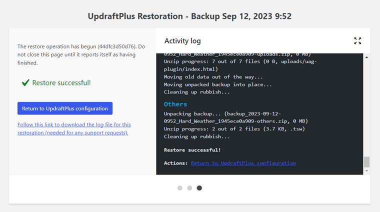 Mensaje de restauración exitosa de UpdraftPlus