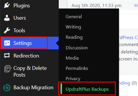 Navigați la UpdraftPlus Backups